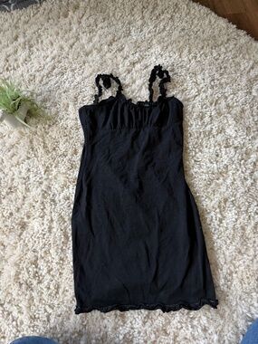 Classic black slip Black Ruffle-Trim Slip little black cute summer dress with Tw
